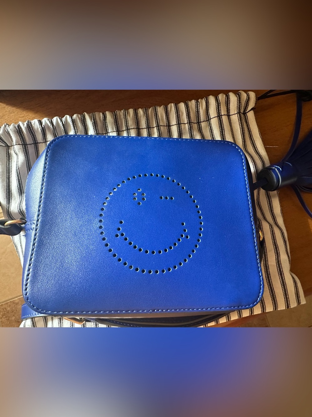 Anya Hindmarch Cobalt Blue Perforated Smiley Wink Crossbody Bag